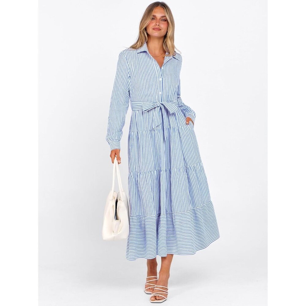 Women Long Sleeve Maxi Dress Rayon Casual Button Stripe Plaid Tie Waist - Picture 2 of 6